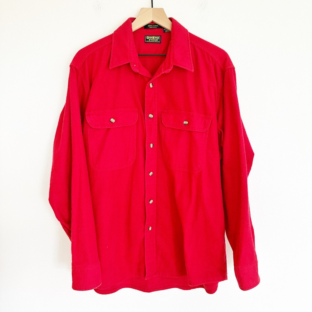 Vintage OshKosh B'gosh Chamois Shirt Mens XL Red Cotton Flannel Made in USA